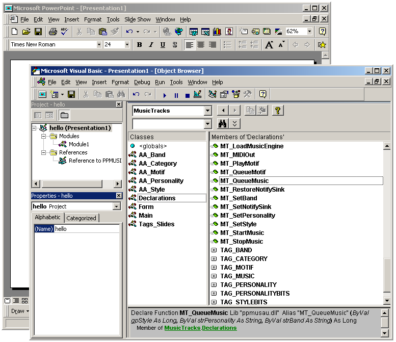 The object browser in VBA (PowerPoint 97) showing low-level details.